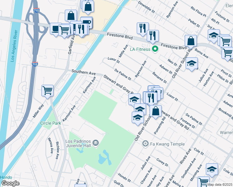 map of restaurants, bars, coffee shops, grocery stores, and more near 7150 Cole Street in Downey
