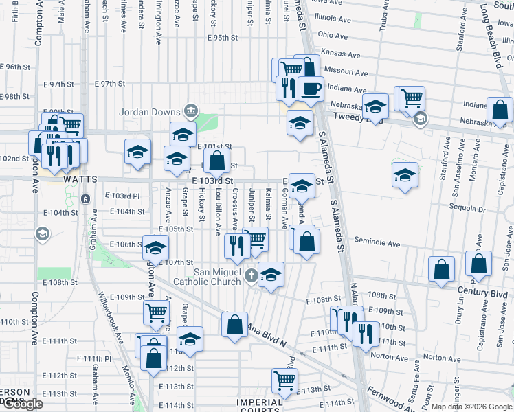map of restaurants, bars, coffee shops, grocery stores, and more near 10339 Juniper Street in Los Angeles