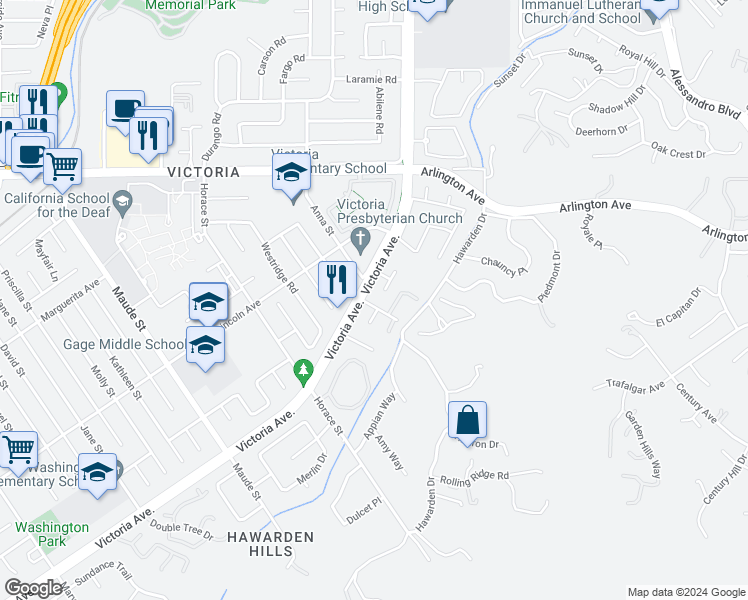 map of restaurants, bars, coffee shops, grocery stores, and more near 2687 Anna Street in Riverside