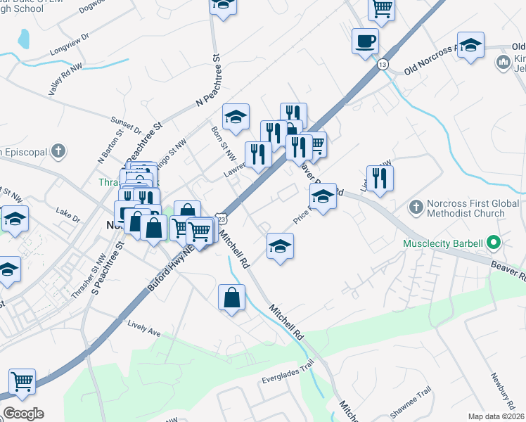 map of restaurants, bars, coffee shops, grocery stores, and more near 310 Summer Place Northwest in Norcross
