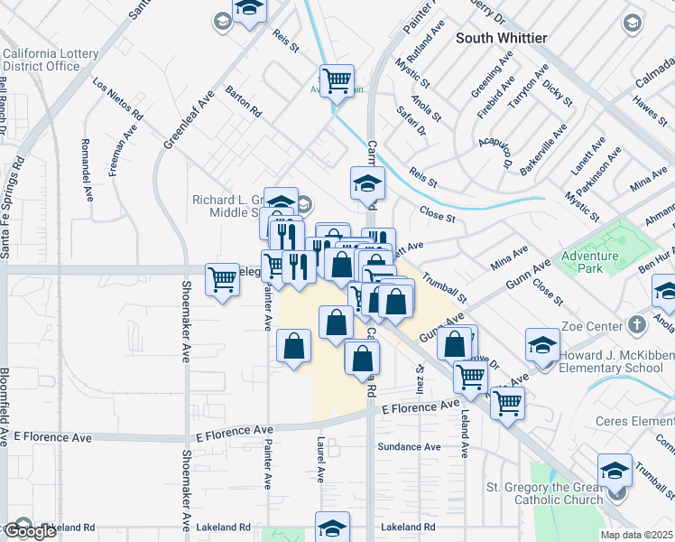 map of restaurants, bars, coffee shops, grocery stores, and more near 13313 Telegraph Road in Whittier