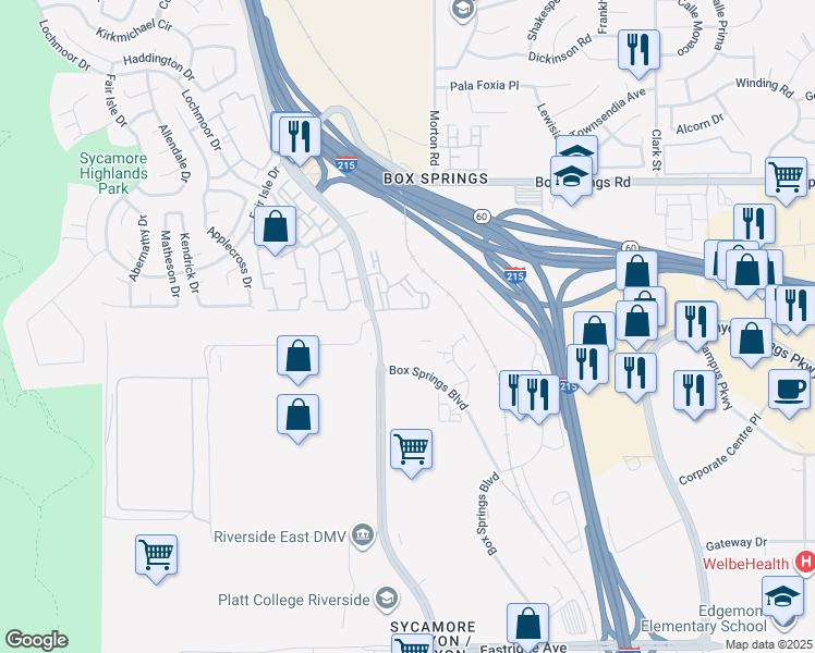 map of restaurants, bars, coffee shops, grocery stores, and more near 6030 Sycamore Canyon Boulevard in Riverside
