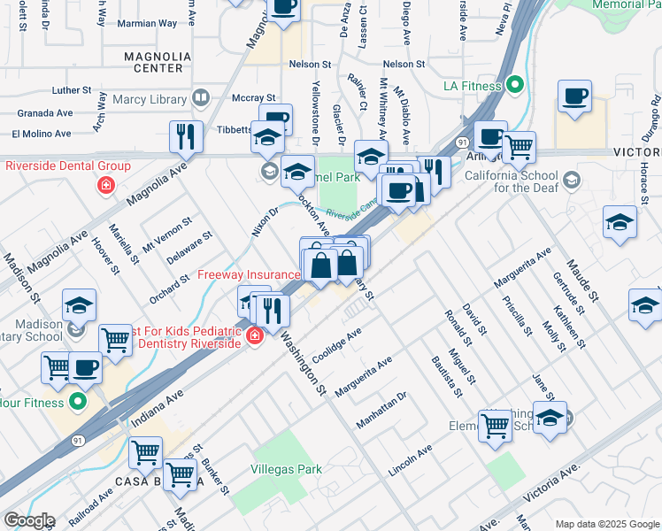 map of restaurants, bars, coffee shops, grocery stores, and more near 6939 Indiana Avenue in Riverside