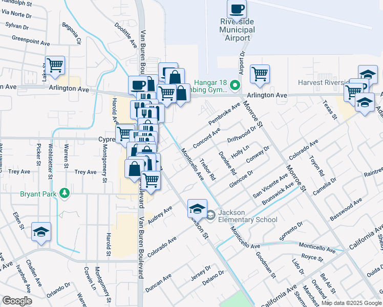 map of restaurants, bars, coffee shops, grocery stores, and more near 8976 Concord Avenue in Riverside