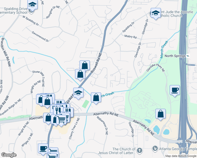 map of restaurants, bars, coffee shops, grocery stores, and more near 6851 Roswell Road Northeast in Atlanta