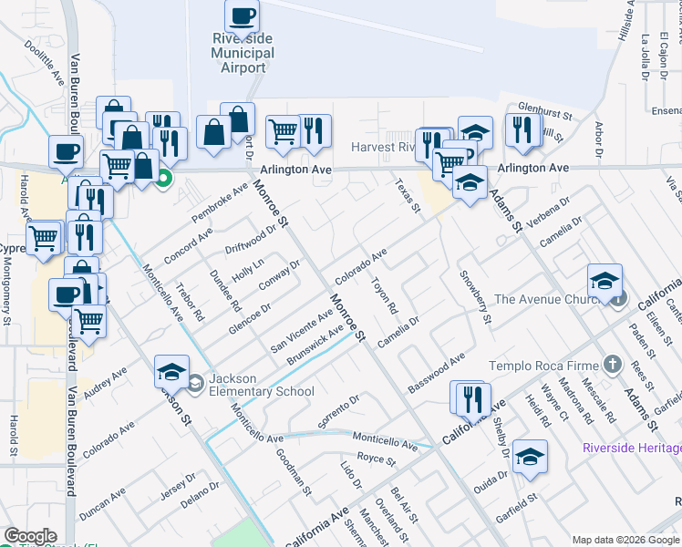 map of restaurants, bars, coffee shops, grocery stores, and more near 8667 Colorado Avenue in Riverside