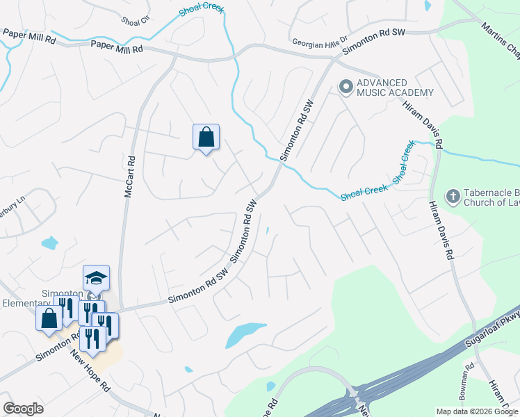 map of restaurants, bars, coffee shops, grocery stores, and more near 505 Simonton Road Southwest in Lawrenceville