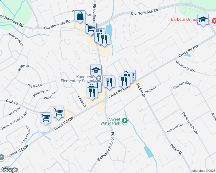 map of restaurants, bars, coffee shops, grocery stores, and more near 2572 Pembrooke Way in Lawrenceville