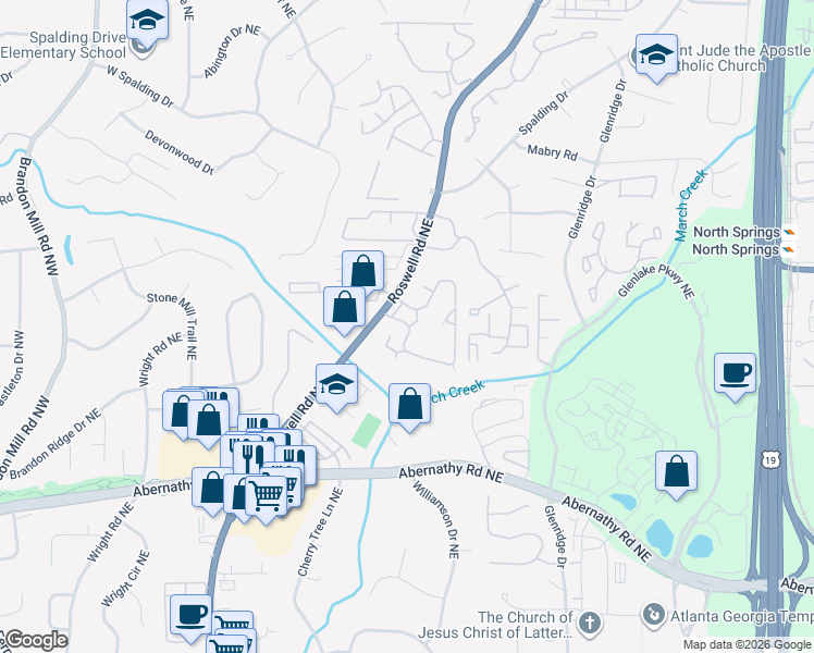 map of restaurants, bars, coffee shops, grocery stores, and more near 6851 Roswell Road Northeast in Atlanta