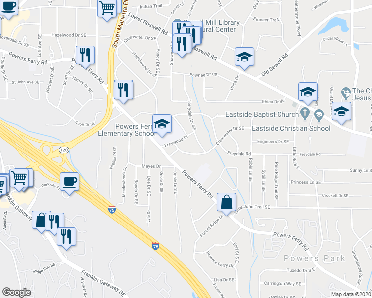 map of restaurants, bars, coffee shops, grocery stores, and more near 2077 Clearwater Drive Southeast in Marietta