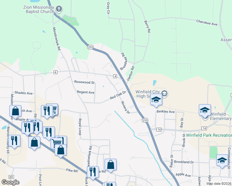 map of restaurants, bars, coffee shops, grocery stores, and more near 365 Riviera Drive in Winfield