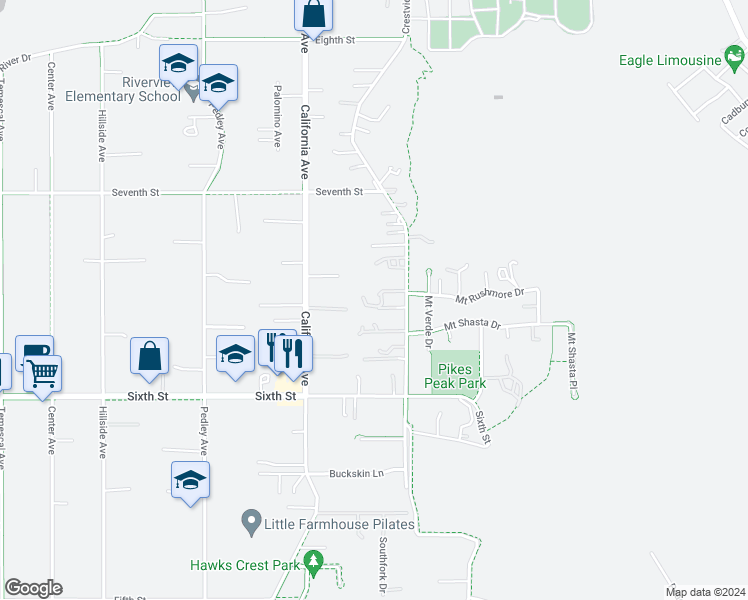 map of restaurants, bars, coffee shops, grocery stores, and more near 4160 Crestview Drive in Norco