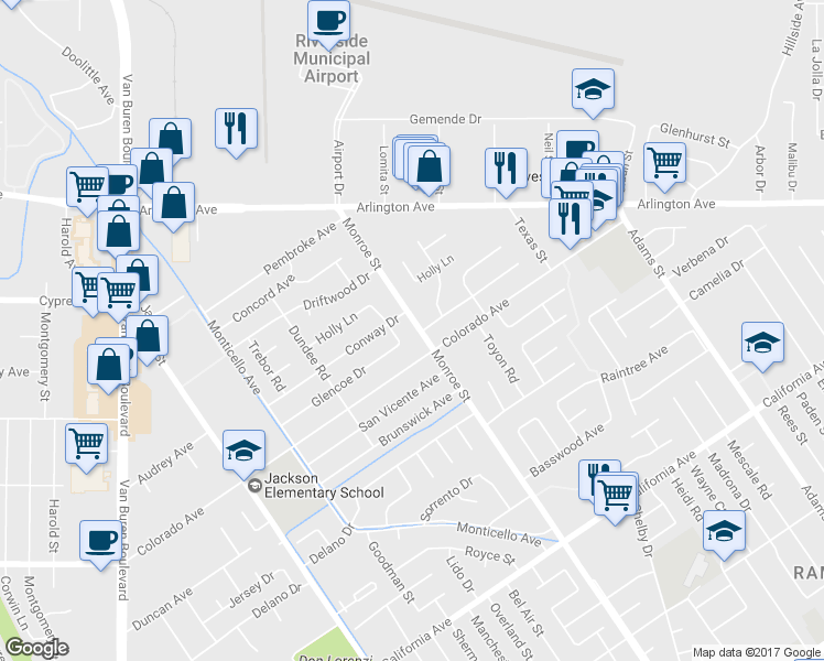 map of restaurants, bars, coffee shops, grocery stores, and more near 4642 Monroe Street in Riverside