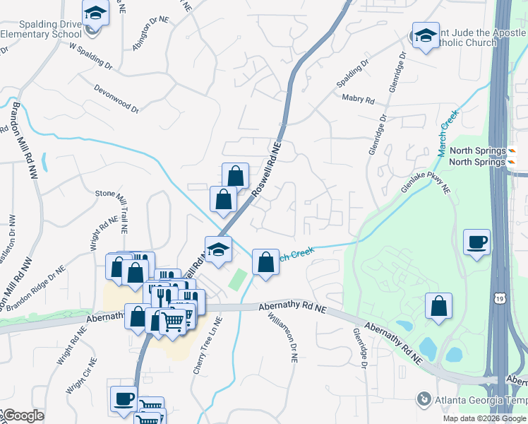 map of restaurants, bars, coffee shops, grocery stores, and more near 6851 Roswell Road Northeast in Atlanta