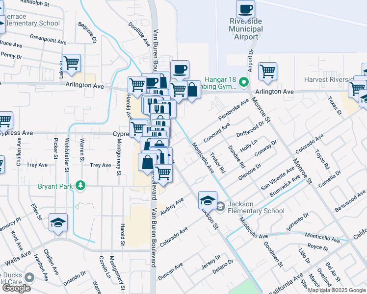 map of restaurants, bars, coffee shops, grocery stores, and more near 4861 Jackson Street in Riverside