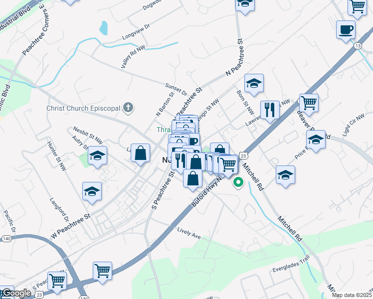 map of restaurants, bars, coffee shops, grocery stores, and more near 15B South Peachtree Street in Norcross