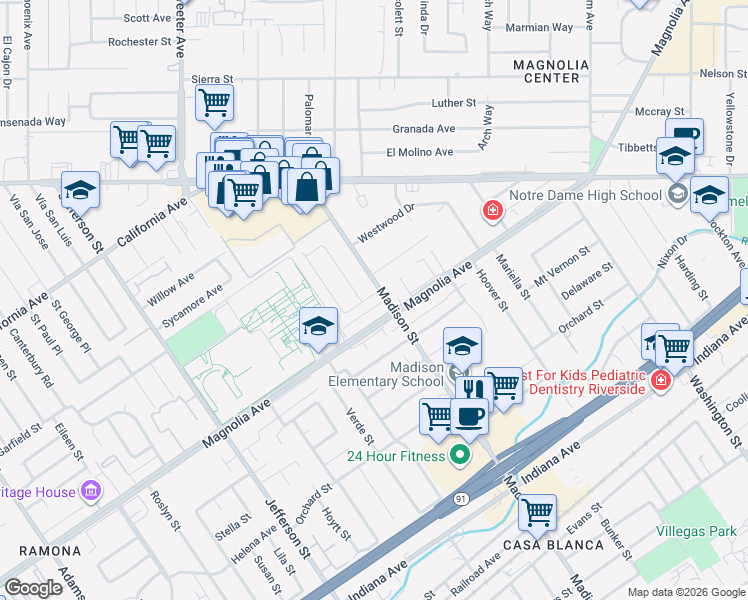 map of restaurants, bars, coffee shops, grocery stores, and more near 7516 San Juan Avenue in Riverside