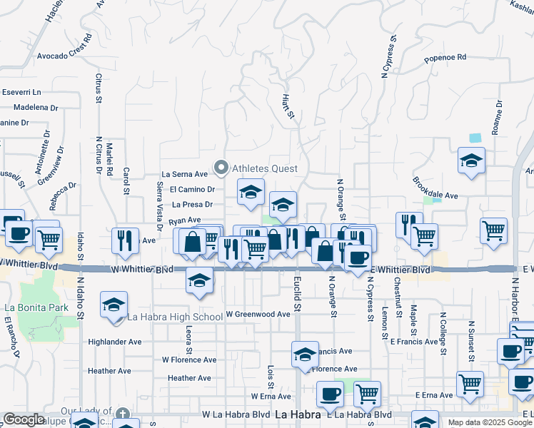 map of restaurants, bars, coffee shops, grocery stores, and more near 1050 Hillside Street in La Habra