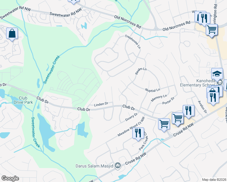 map of restaurants, bars, coffee shops, grocery stores, and more near 1241 Hampton Hill Court in Lawrenceville