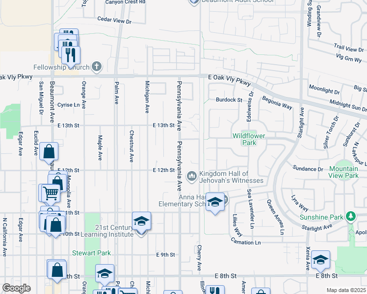 map of restaurants, bars, coffee shops, grocery stores, and more near 1250 Pennsylvania Avenue in Beaumont