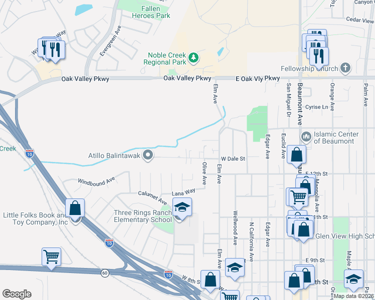 map of restaurants, bars, coffee shops, grocery stores, and more near 38682 Florence Street in Beaumont