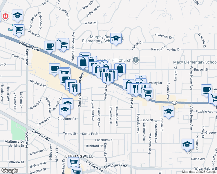 map of restaurants, bars, coffee shops, grocery stores, and more near 10426 Virginia Avenue in Whittier