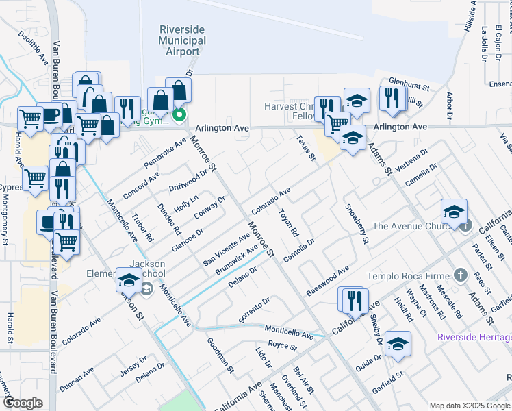 map of restaurants, bars, coffee shops, grocery stores, and more near 8667 Colorado Avenue in Riverside
