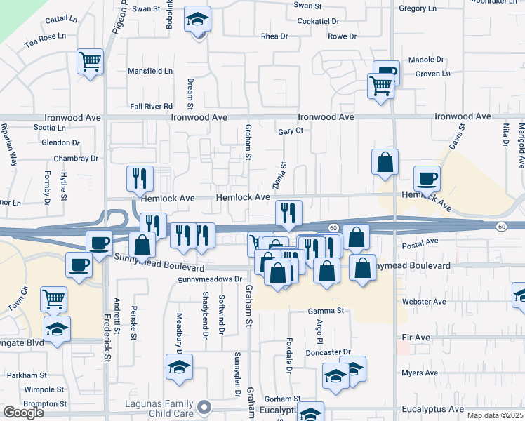 map of restaurants, bars, coffee shops, grocery stores, and more near 23540 David Lane in Moreno Valley