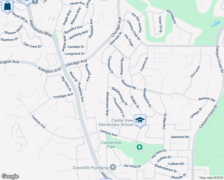 map of restaurants, bars, coffee shops, grocery stores, and more near 1544 Bellefontaine Drive in Riverside