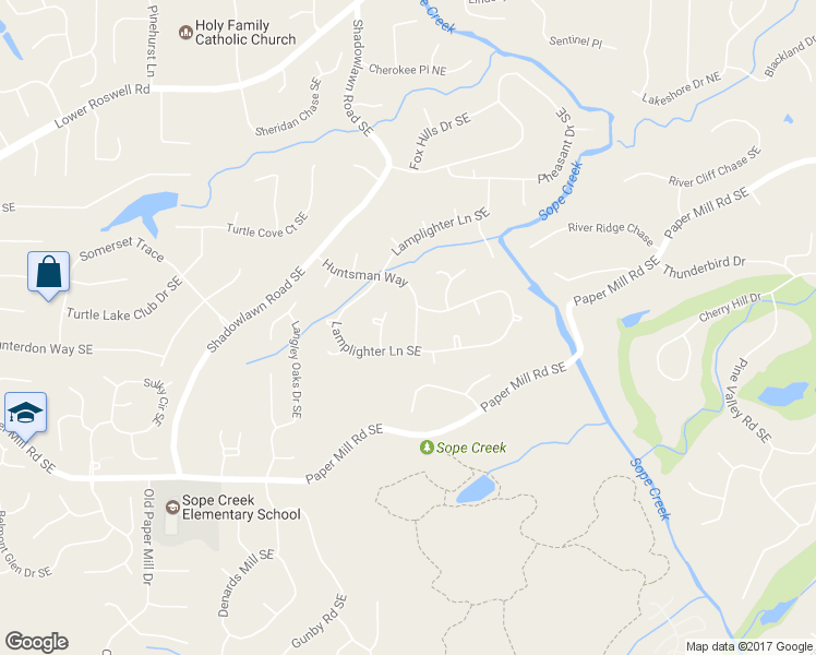 map of restaurants, bars, coffee shops, grocery stores, and more near 410 Huntsman Court Southeast in Marietta