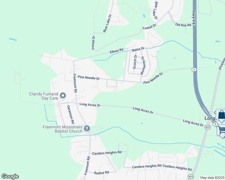map of restaurants, bars, coffee shops, grocery stores, and more near 451 Pine Needle Drive in Longs