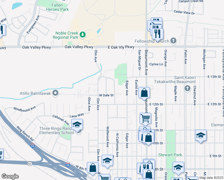 map of restaurants, bars, coffee shops, grocery stores, and more near 1243 North California Avenue in Beaumont