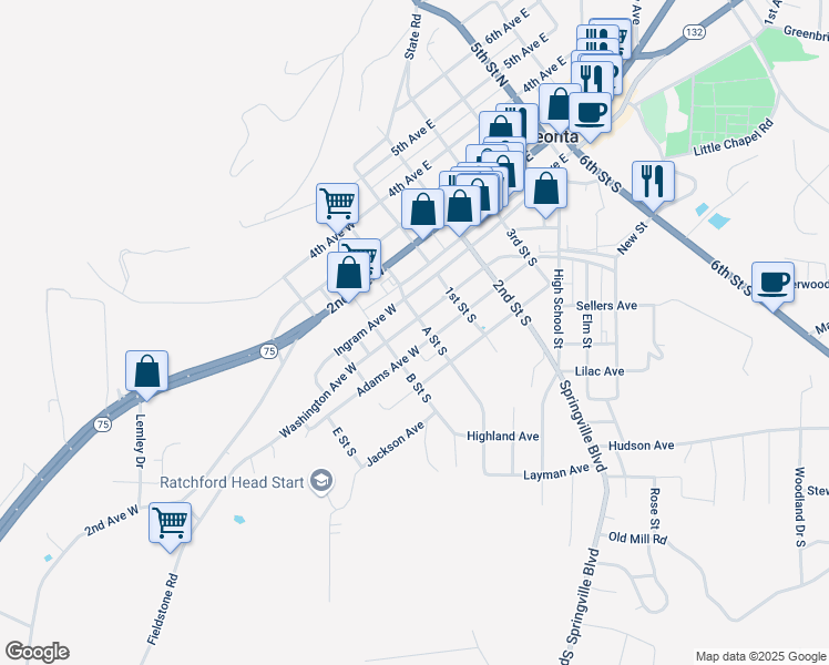 map of restaurants, bars, coffee shops, grocery stores, and more near 201 Washington Avenue West in Oneonta