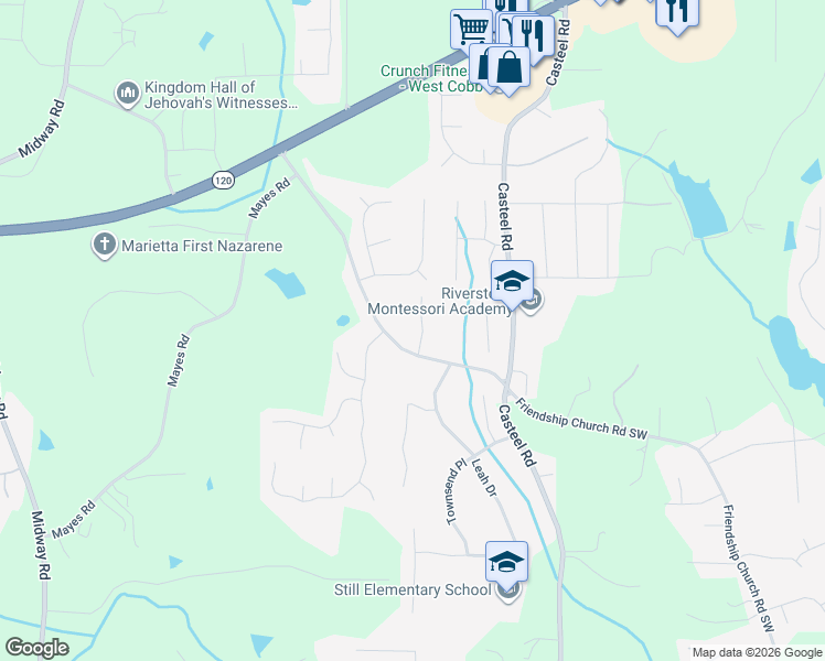 map of restaurants, bars, coffee shops, grocery stores, and more near 575 Casteel Drive Southwest in Marietta