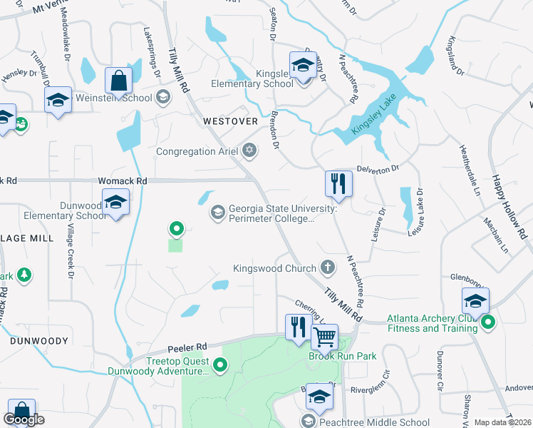 map of restaurants, bars, coffee shops, grocery stores, and more near 5164 Tilly Mill Road in Dunwoody