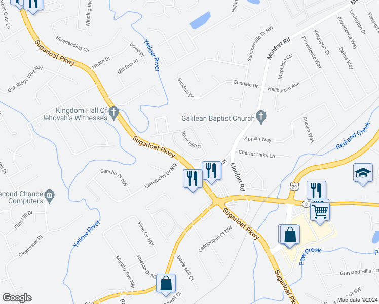 map of restaurants, bars, coffee shops, grocery stores, and more near 785 Parc River Boulevard in Lawrenceville