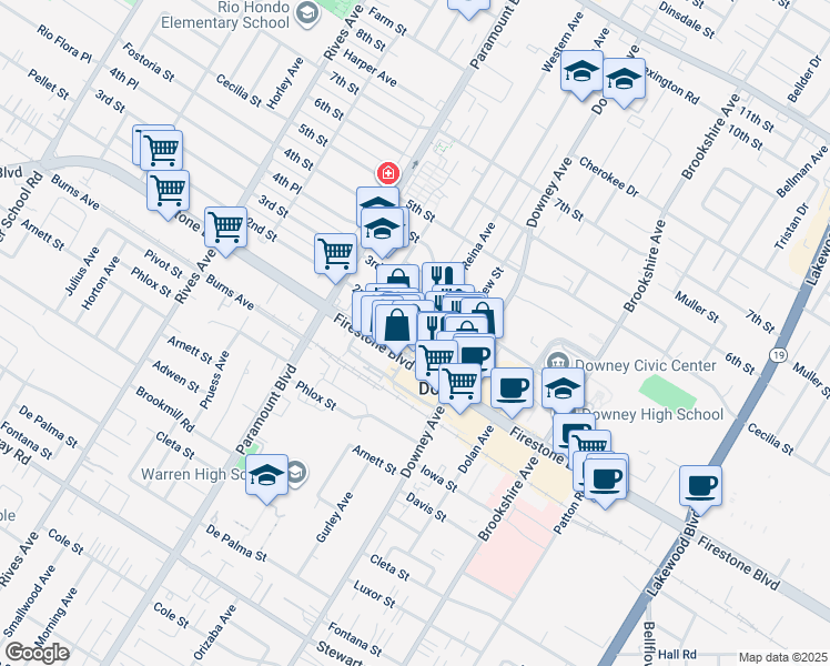 map of restaurants, bars, coffee shops, grocery stores, and more near 11021 La Reina Avenue in Downey