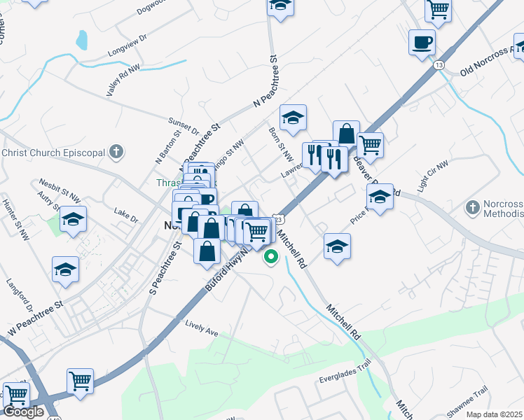 map of restaurants, bars, coffee shops, grocery stores, and more near in Norcross