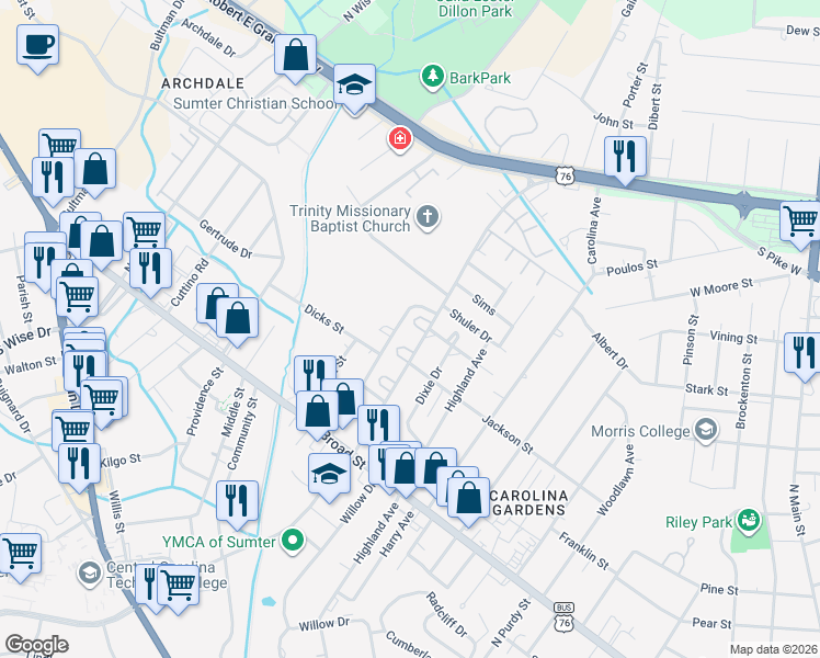 map of restaurants, bars, coffee shops, grocery stores, and more near 721 Miller Rd in Sumter