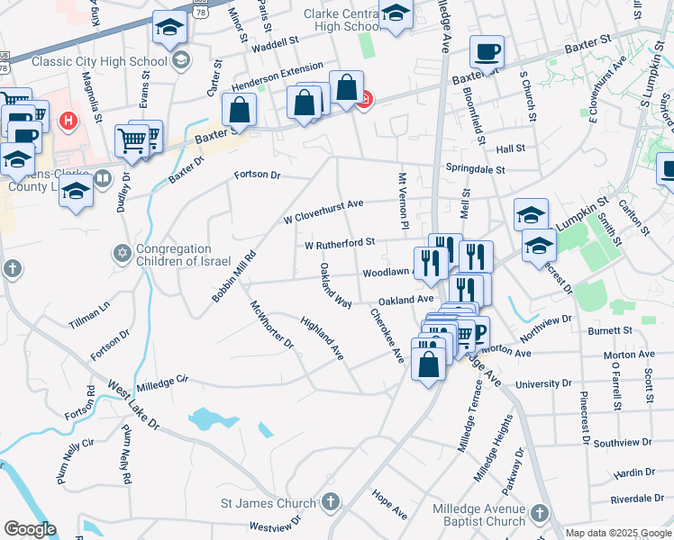 map of restaurants, bars, coffee shops, grocery stores, and more near 470 Woodlawn Avenue in Athens