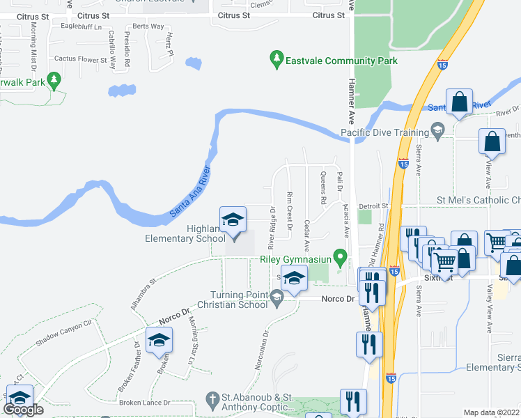 map of restaurants, bars, coffee shops, grocery stores, and more near 2246 Canyon Ridge Circle in Norco