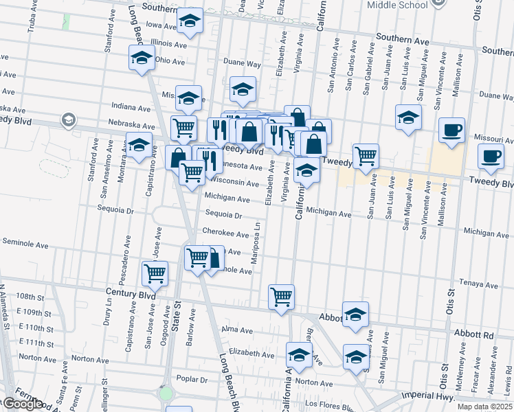 map of restaurants, bars, coffee shops, grocery stores, and more near 3358A Michigan Avenue in South Gate