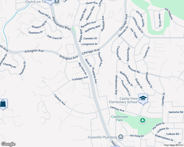 map of restaurants, bars, coffee shops, grocery stores, and more near 6087 Academy Avenue in Riverside