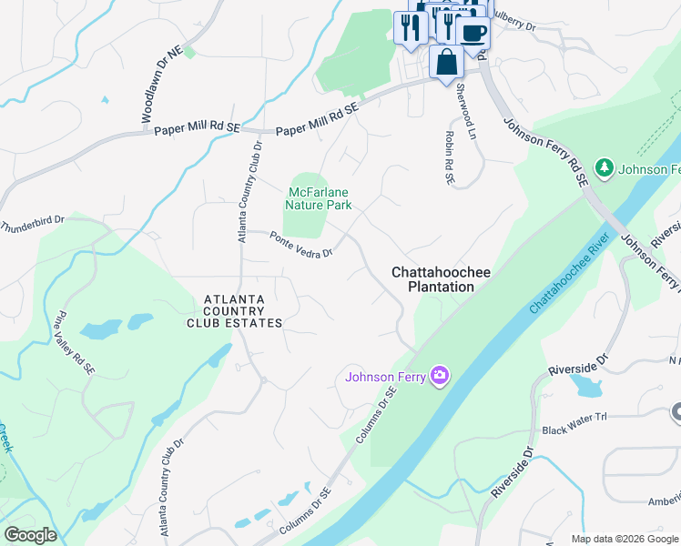map of restaurants, bars, coffee shops, grocery stores, and more near 4622 Crepe Myrtle Circle Southeast in Marietta