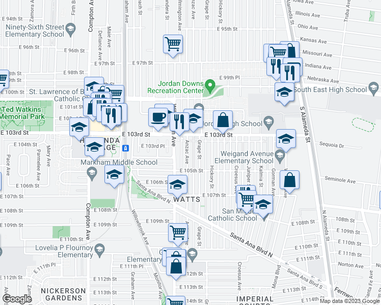 map of restaurants, bars, coffee shops, grocery stores, and more near 10342 Anzac Avenue in Los Angeles