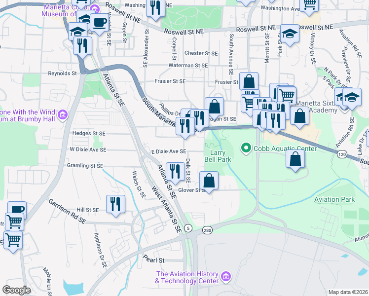 map of restaurants, bars, coffee shops, grocery stores, and more near 394 Sycamore Street in Marietta