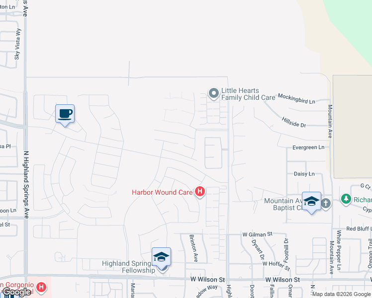 map of restaurants, bars, coffee shops, grocery stores, and more near 5132 Hackberry Place in Banning