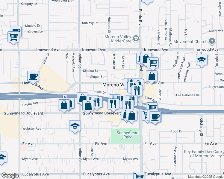 map of restaurants, bars, coffee shops, grocery stores, and more near 12308 Leahy Drive in Moreno Valley