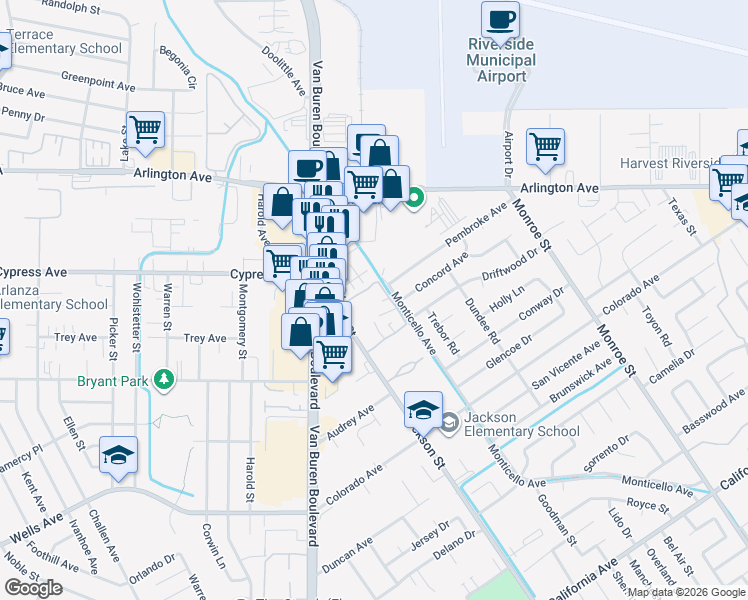 map of restaurants, bars, coffee shops, grocery stores, and more near 4879 Jackson Street in Riverside