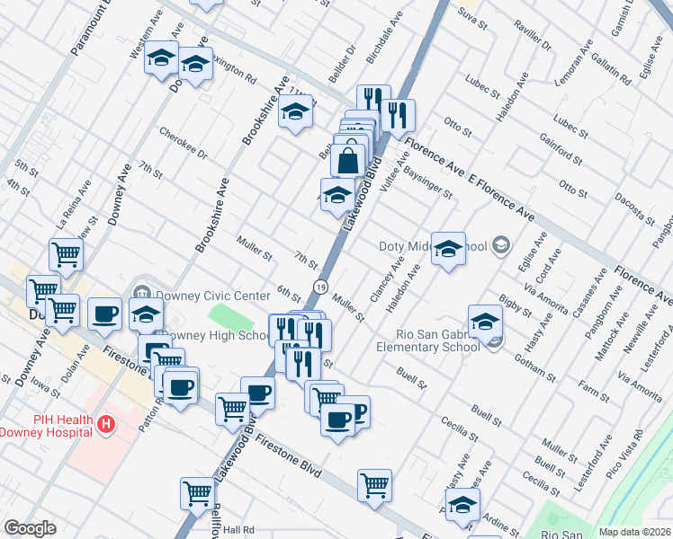 map of restaurants, bars, coffee shops, grocery stores, and more near 10506 Arrington Avenue in Downey